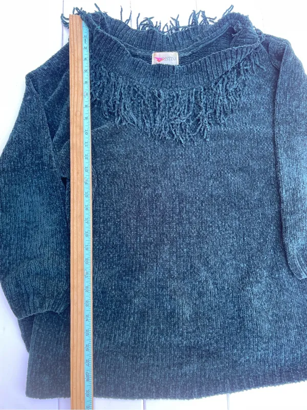 Vintage Cristina Fleece Fringe Pullover Sweater, Size L - Image 4
