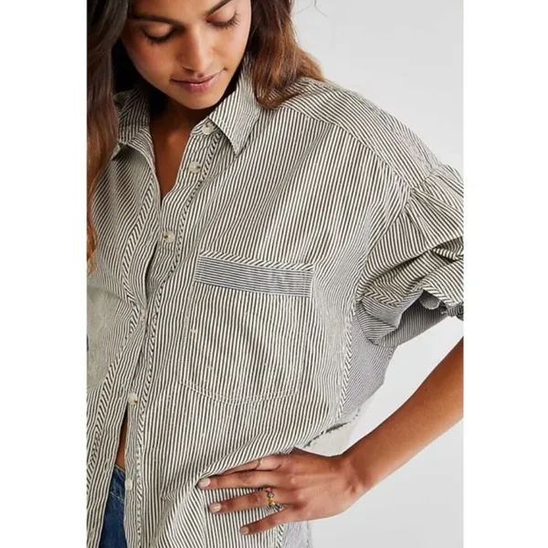 Free People Oversized Happy Hour Oxford Button Down Shirt Small Preppy Stripes - Image 5