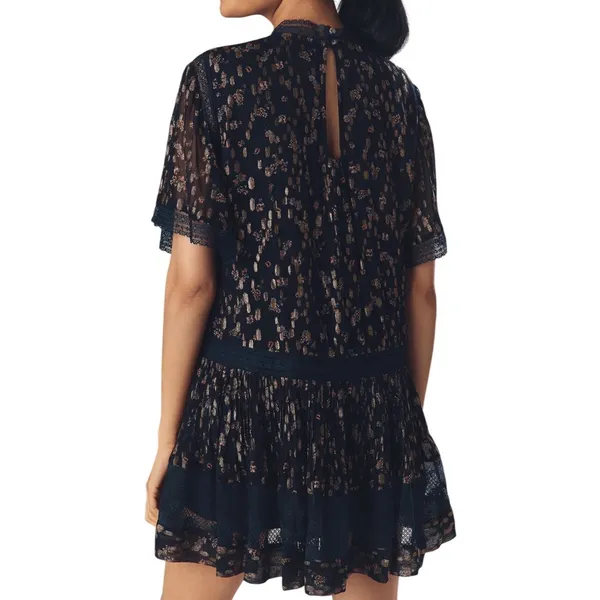 NWT Anthropologie Maeve V-Neck Lurex Tiered Mini Dress Navy Metallic Size Medium - Image 2