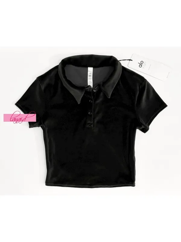 Alo Velour Choice Polo Black Velvet Fuzzy Cropped Short Sleeve Henley Crop Top - Image 6