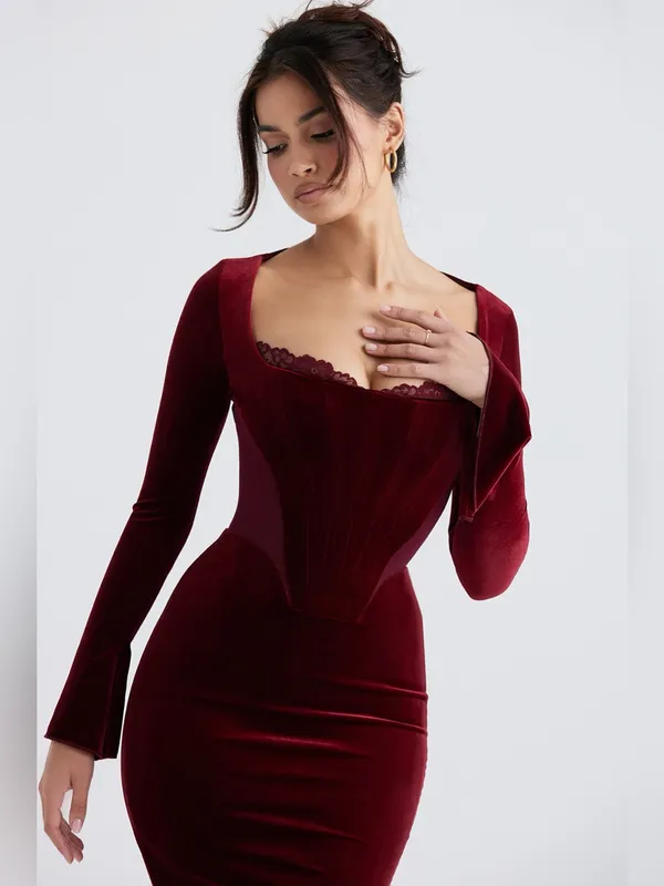 House of CB Solaine Velvet Corset Gown S Burgundy Gothic Vampire - Image 4