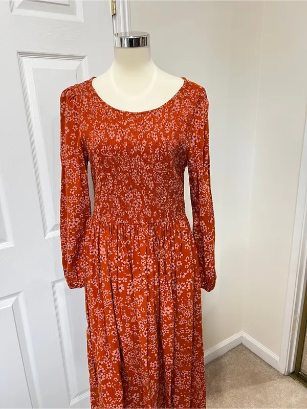 Susina Floral Smocked Bodice & Tiered Midi Dress Orange Burnt Orange Size Large - Image 5