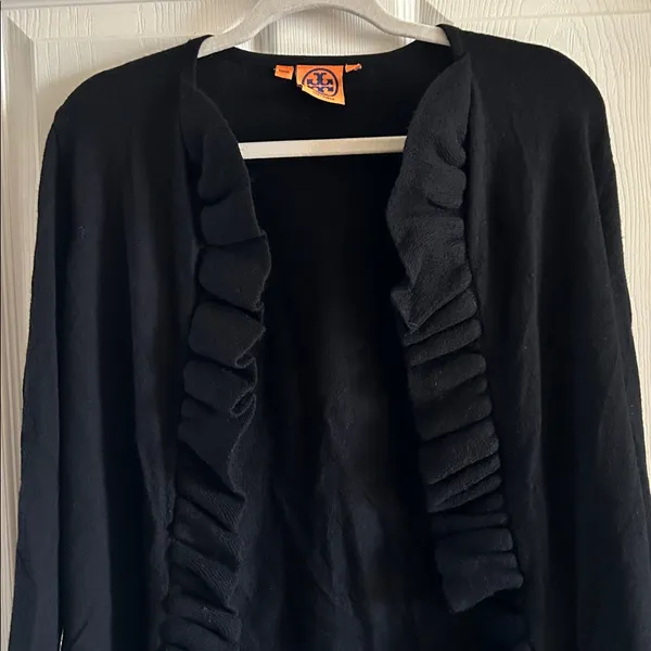 Tory Burch Black Merino Wool Ruffle Trim Open‎ Front Cardigan Sweater Sz Med - Image 4