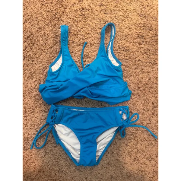 VENUS‎ Blue Bikini Set Medium Top Size 6 Bottoms Lace Up Wrap Swimwear - Image 3