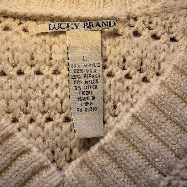 Lucky Brand Coastal‎ Cream Open Knit V Neck Sweater Alpaca Wool Womens L Cottage - Image 2