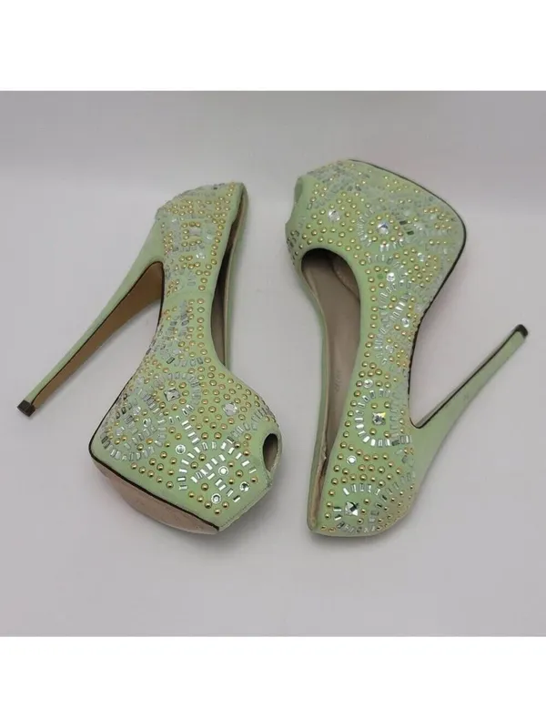 Kiss Kouture Celine Light Mint Green Peep Toe Beaded Platform Heels Size 8.5 - Image 10