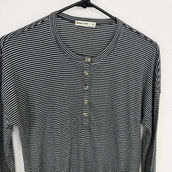 Marine Layer Henley Womens Medium Black Striped Long Sleeve Button Neck Top - Image 2