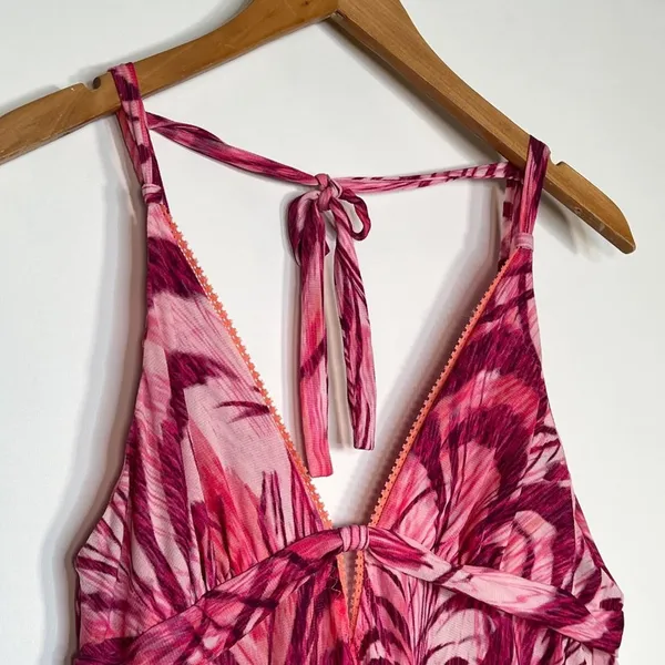 On Gossamer Fuchsia Pink Feather Print Babydoll Chemise Slip Dress Womens L - Image 3