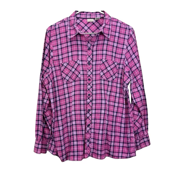 LL Bean Pink Plaid Cotton Roll Tab Button Up Casual Shirt Size LARGE - Image 3
