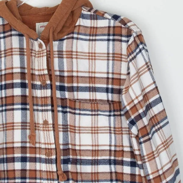 American Eagle Womens Plaid Boyfriend Style Flannel Shirt Size‎ S Brown Hoodie - Image 2