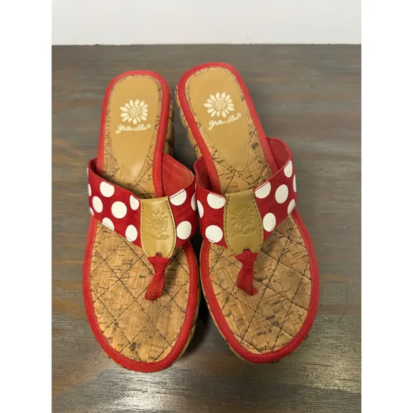Yellow Box Red Polka Dot Cork Wedge Thong Sandals Estimated Size 7.5 - Image 7