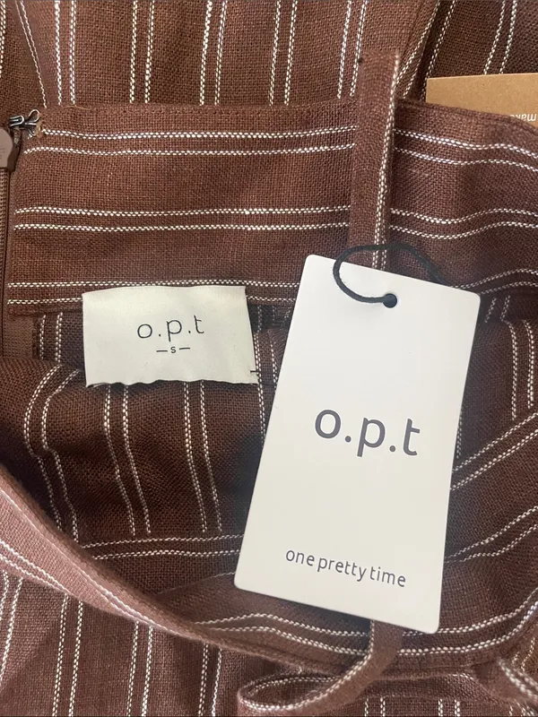 NWT o.p.t Gizele Linen Dress size Small S brown white stripe midi few moda - Image 6