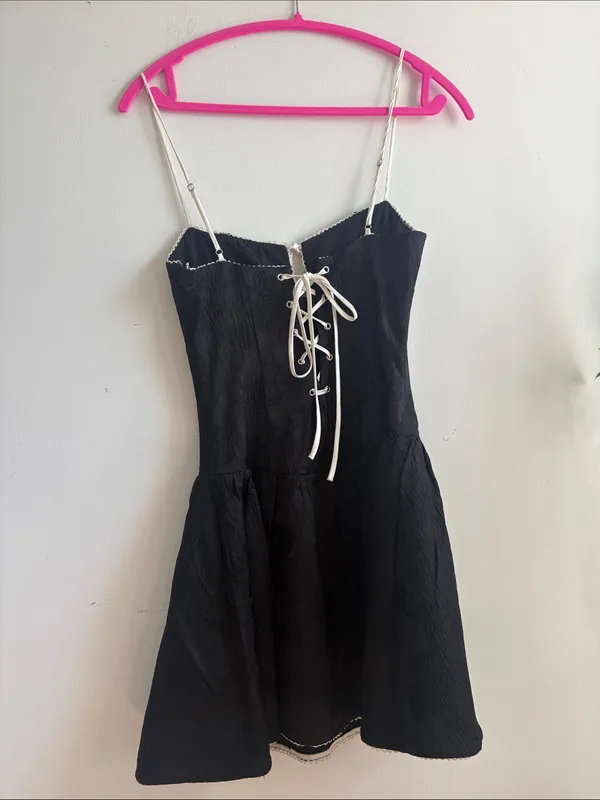 Black Mini Dress with Cream Contrast Straps - Image 4