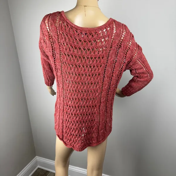 Red/Orange Crochet Knit Sweater Women's Open Weave Boat Neck 3/4 Sleeve‎ - Image 6