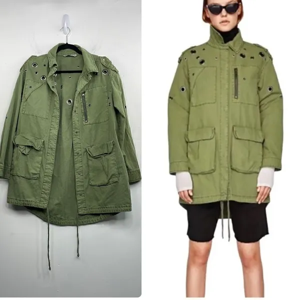 ZARA Oversized Rivet Roll Sleeve Utility Jacket Size X Small Green - Image 2