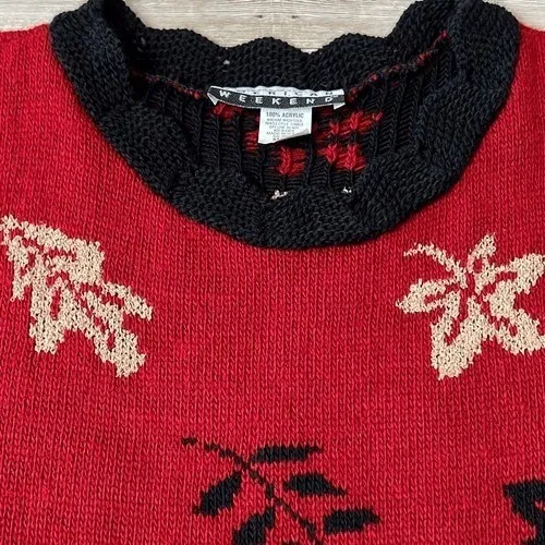 Vtg 90s Sweater‎ Womens Small Red Leaves Scalloped Hem USA Grandmacore Cabincore - Image 5