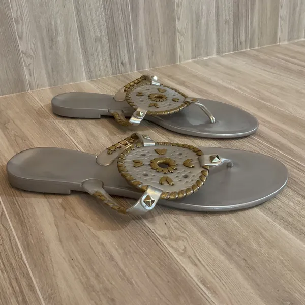 Jack Rogers Georgica Jelly‎ Sandals Silver Gold Whipstitch Studded Thong Size 9 - Image 2