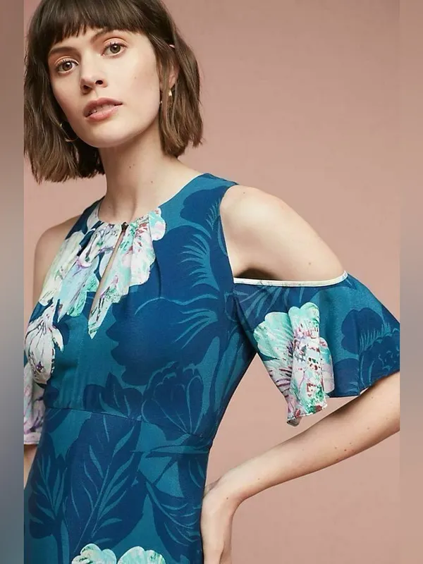 Maeve Anthropologie Elia Open‎ Shoulder Teal Floral Dress - Image 3