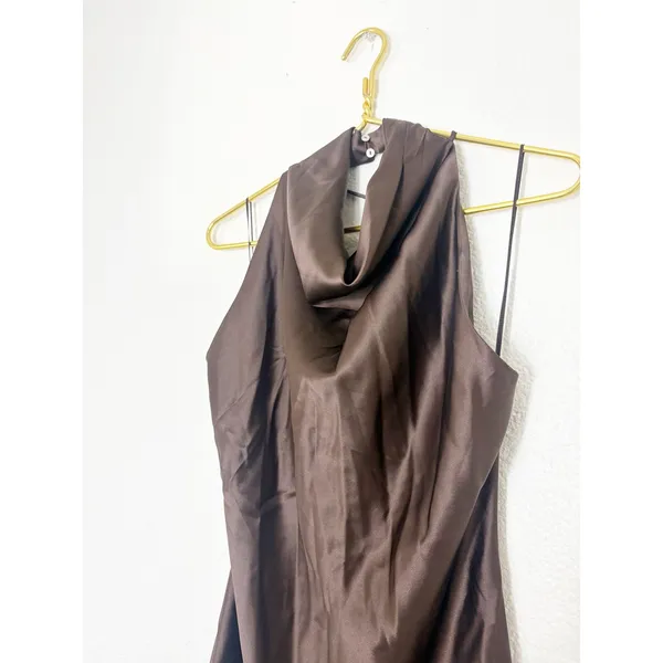 NWT Zara Brown Satin Jewelry Back Mini Dress Size Small High Neck Cocktail - Image 5
