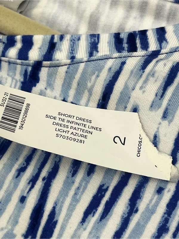 Chico’s 2 US 12 / 14 Short Dress Side Tie Infinite Lines Light Azure Blue NEW - Image 3