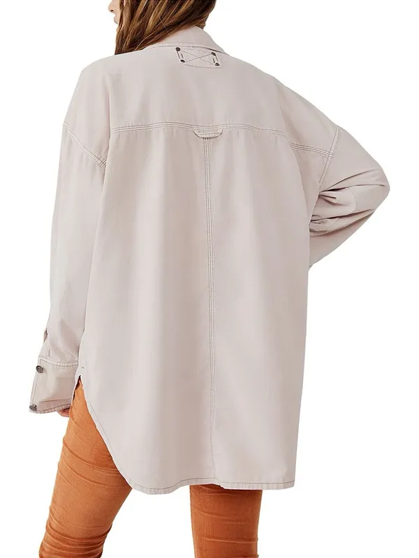Free People Baby Corduroy Oversized Button Down Shirt Beige Small 100% Cotton - Image 2