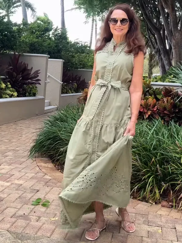 AVEC LES FILLES Eyelet Cotton Button Down Sage Green Maxi Dress - Image 4