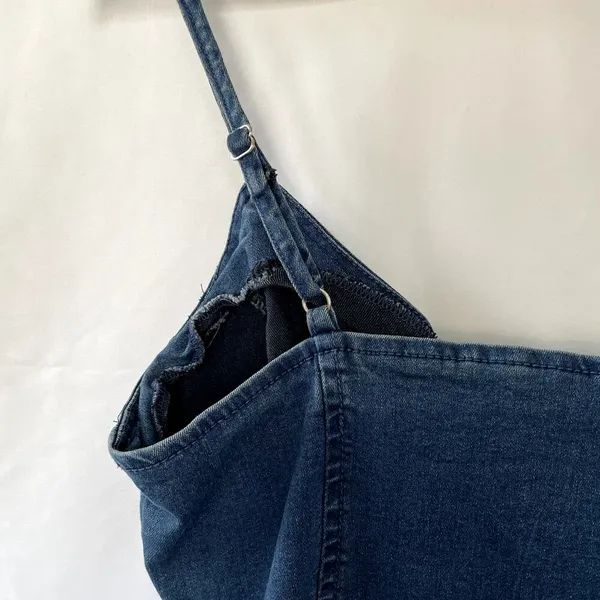 Iris‎ blue denim minidress women's size L full zip front spaghetti straps - Image 8
