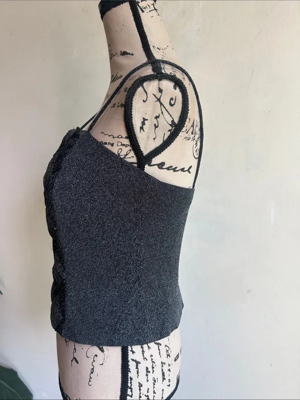 J.R. Nites By Carol Lin Vintage Black Beaded Corset Cropped Top Size 8 - Image 5