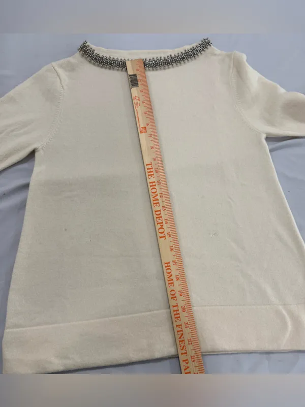Autumn Cashmere Cream 100% Pure Cashmere Beaded Neck Sweater Large 3/4 Sleeve - Image 4
