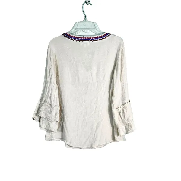 Umgee Embroidered Peasant Boho Blouse Tassel Tie Cream Bohemian Top M - Image 3