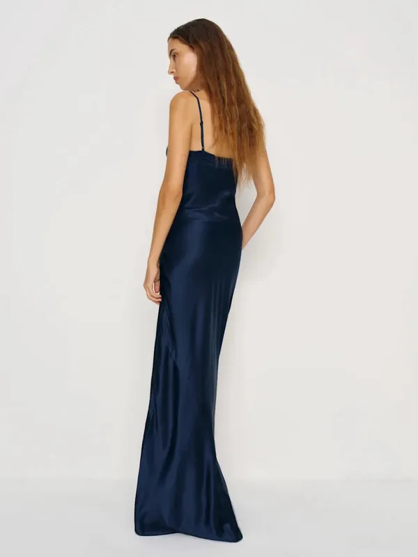 Reformation Neva Silk Dress Navy Size 8 - Image 4