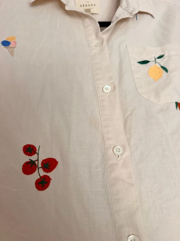 Sézane x Pangea Tomboy Shirt Fruit Floral Embroidered Ecru Linen Button down - Image 10
