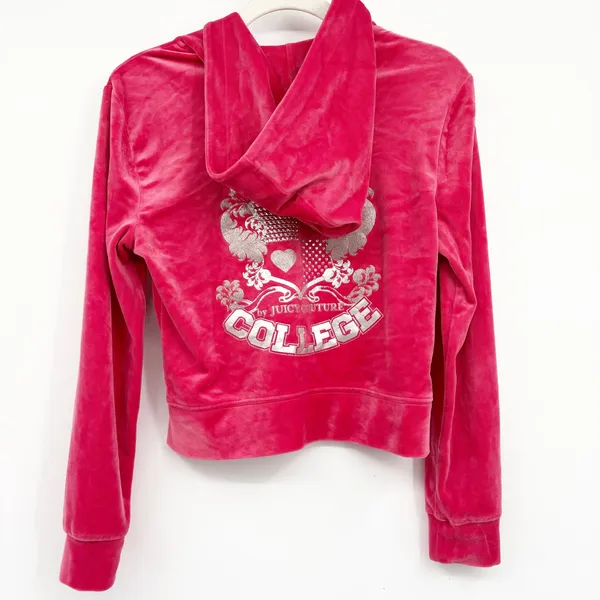 Juicy Couture Womens Hot Pink Velour Rhinestone Y2K Bling College Hoodie Size S - Image 6