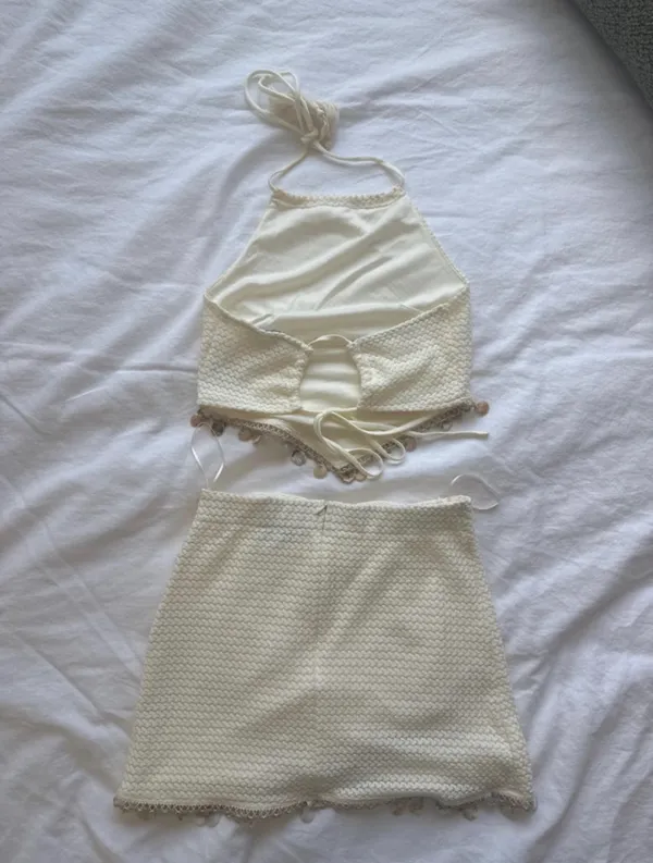 FashioNova Seashell Shore Crochet Halter Top Mini Skirt Set - Cream - Image 4