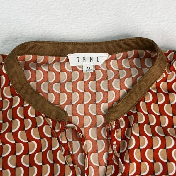 THML Womens XS Mixed Media Boho Patchwork Tassel Tie Ribbed Knit Top Rust Navy - Image 2