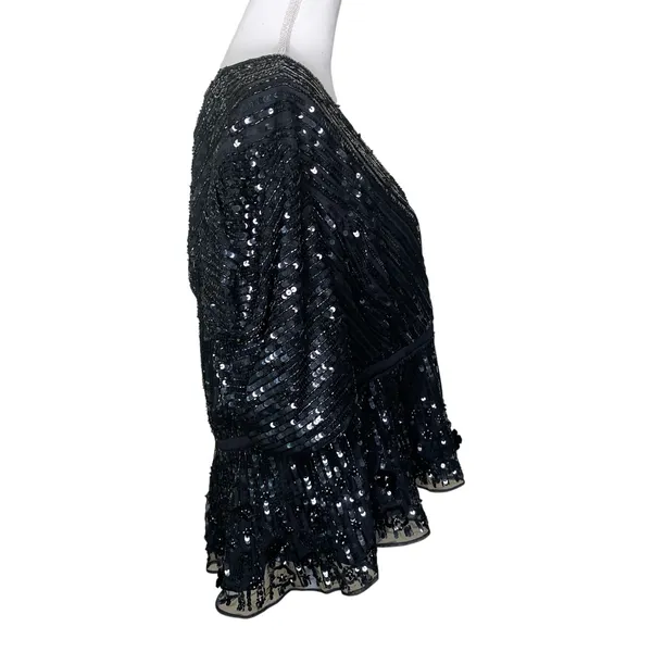 Mac Duggal R5694 Black Sequin Floral Faux Wrap Peplum Top L - Image 7