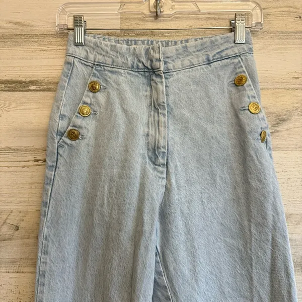 Zara High Waisted Sailor Jeans Light Wash Blue Gold Button Slim Leg XS 6147/157 - Image 6