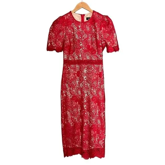 NWT Lulus Amore Dress Size XS Red Crochet Lace Midi Wedding Guest Cocktail Date - Image 2