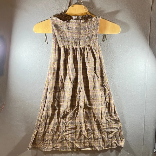 993 | Vernacular Smocked Halter Plaid Cotton Maxi Dress Cottagecore Womens Small - Image 2