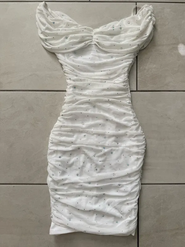 Windsor White Rhinestone Ruched Off Shoulder Bodycon Midi Dress XS NWT Holiday - Image 8