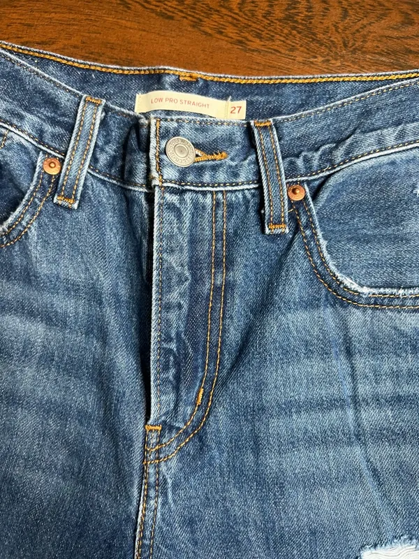 Levi’s Distressed Dark Wash Low Pro Straight Denim Jeans - Image 2