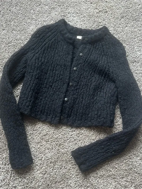 J Brand Black WOOL Textured Button-Front Knit Cardigan - Image 2