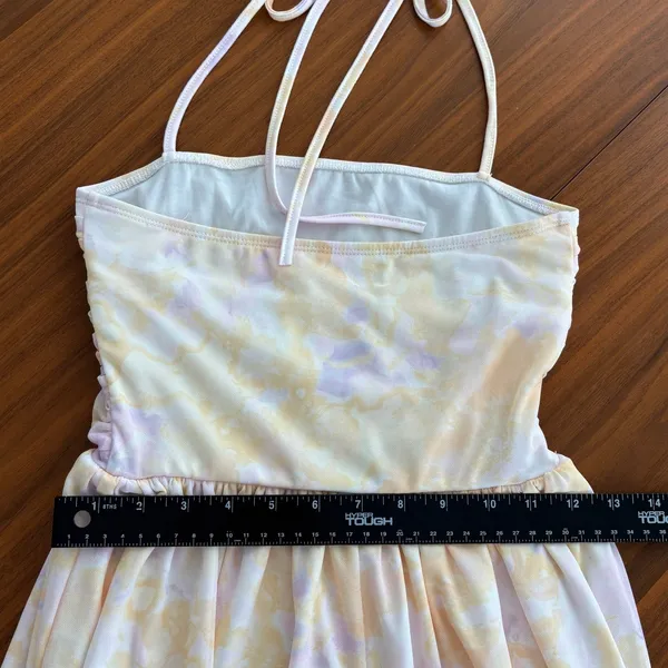 Pastel Watercolor Floral Mesh Halter Midi Dress Ruched Summer Girly Whimsy Small - Image 7