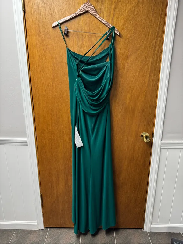 Ieena for Mac Duggal Jersey One Shoulder Draped Back Gown Dress Emerald Green 6 - Image 11