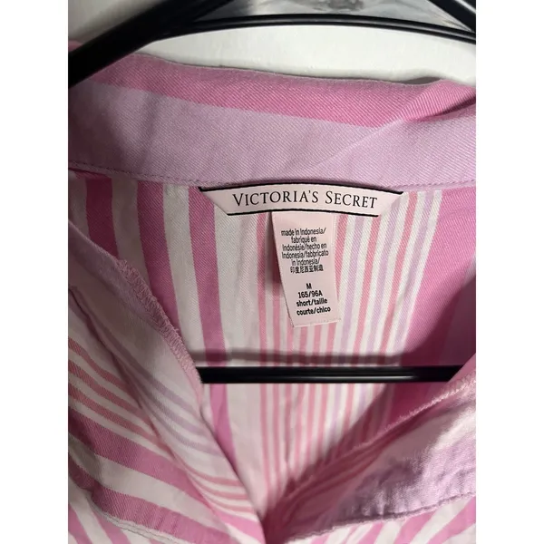 Victoria's Secret Women's Medium Short Pajama Shirt Stripe Pink Cotton Bottom Up - Image 2
