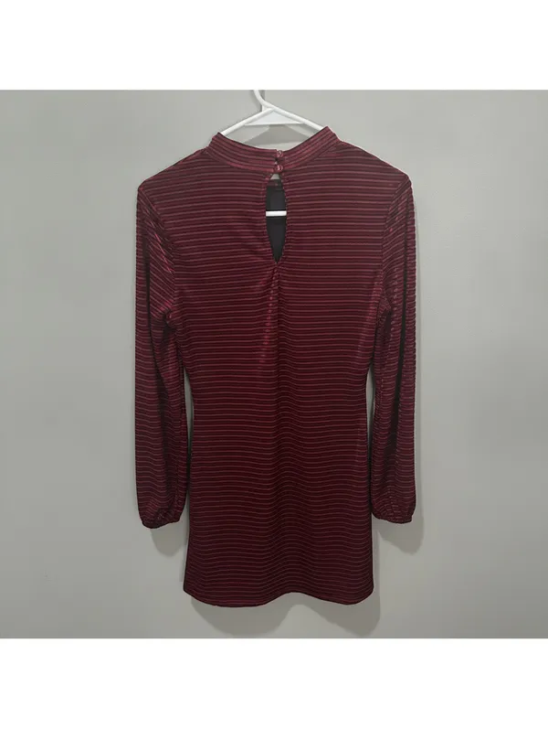 Lulus Velvet Stripe Mock Neck Mini Dress Women's S Burgundy Balloon Sleeves - Image 3