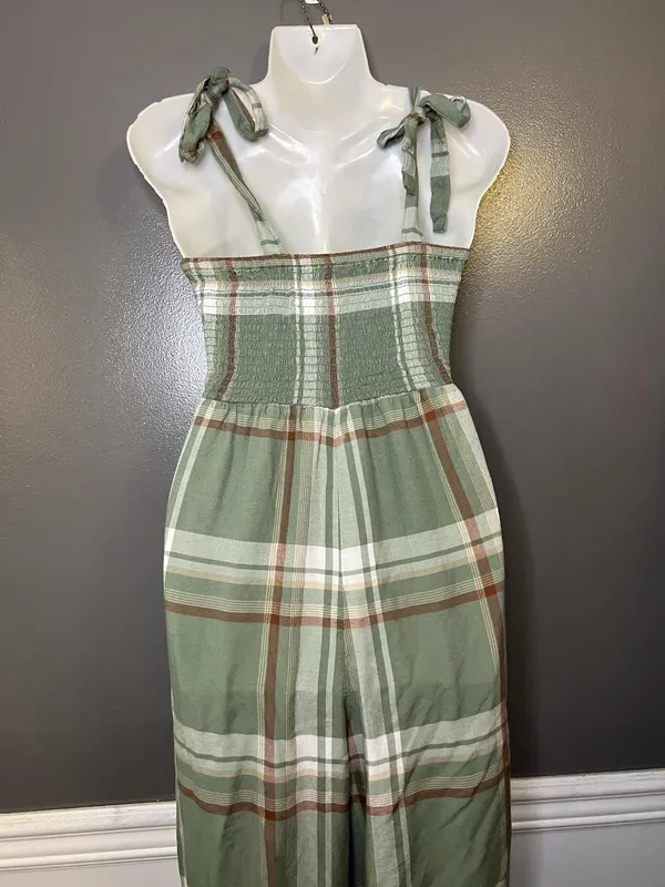 American Eagle Outfitters Jumpsuit Womens Small Green Plaid Smocked Pockets - Image 5