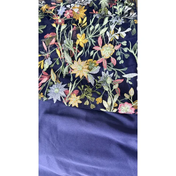 Floral Embroidered Mesh Midi Dress Sz 6 Bell Sleeve Cottagecore Navy - Image 3