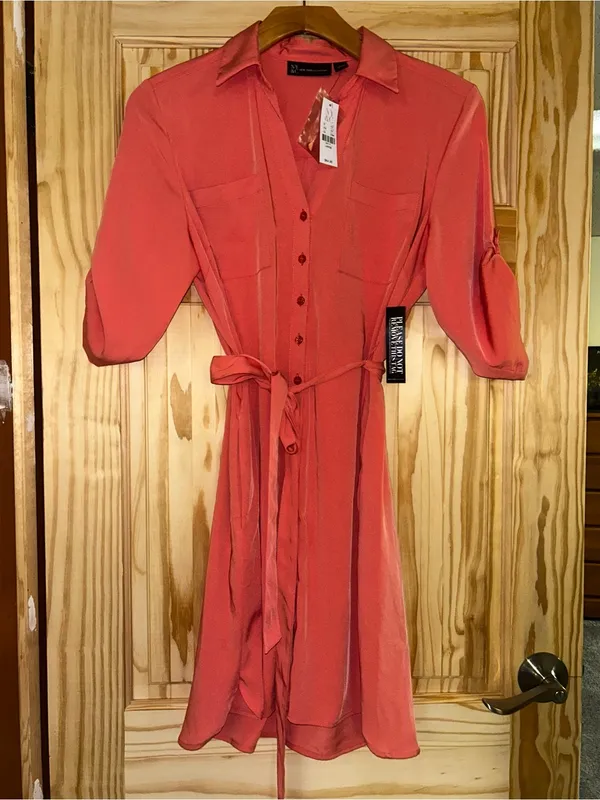 New York & Company Coral Tie-Waist Midi Shirt Dress - Image 3