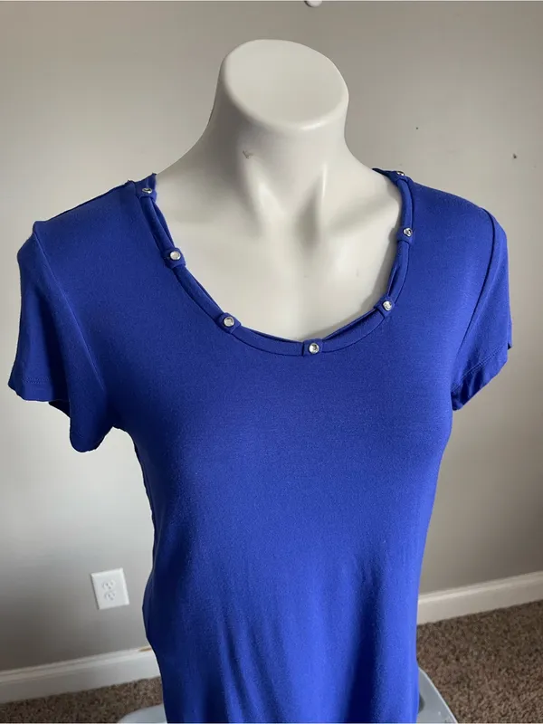 HARLEY DAVIDSON | Blue Short-Sleeve Scoop Neck Top with Beaded Trim Sz M - Image 2